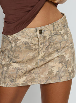 back view of model wearing Princess Polly Redford Low Rise Denim Mini Skirt Camouflage Mini Skirts 