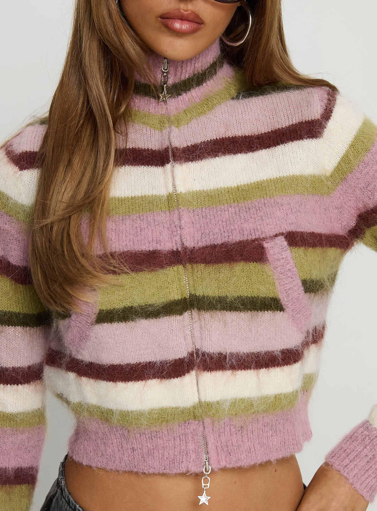 back view of model wearing Princess Polly Keeva Zip Through Knit Jumper Pink / Green Stripe Jumpers 