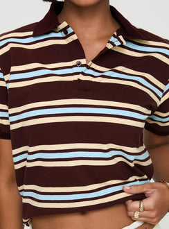 back view of model wearing Princess Polly Leisure Polo Chocolate Multi Short Sleeves High Neck 