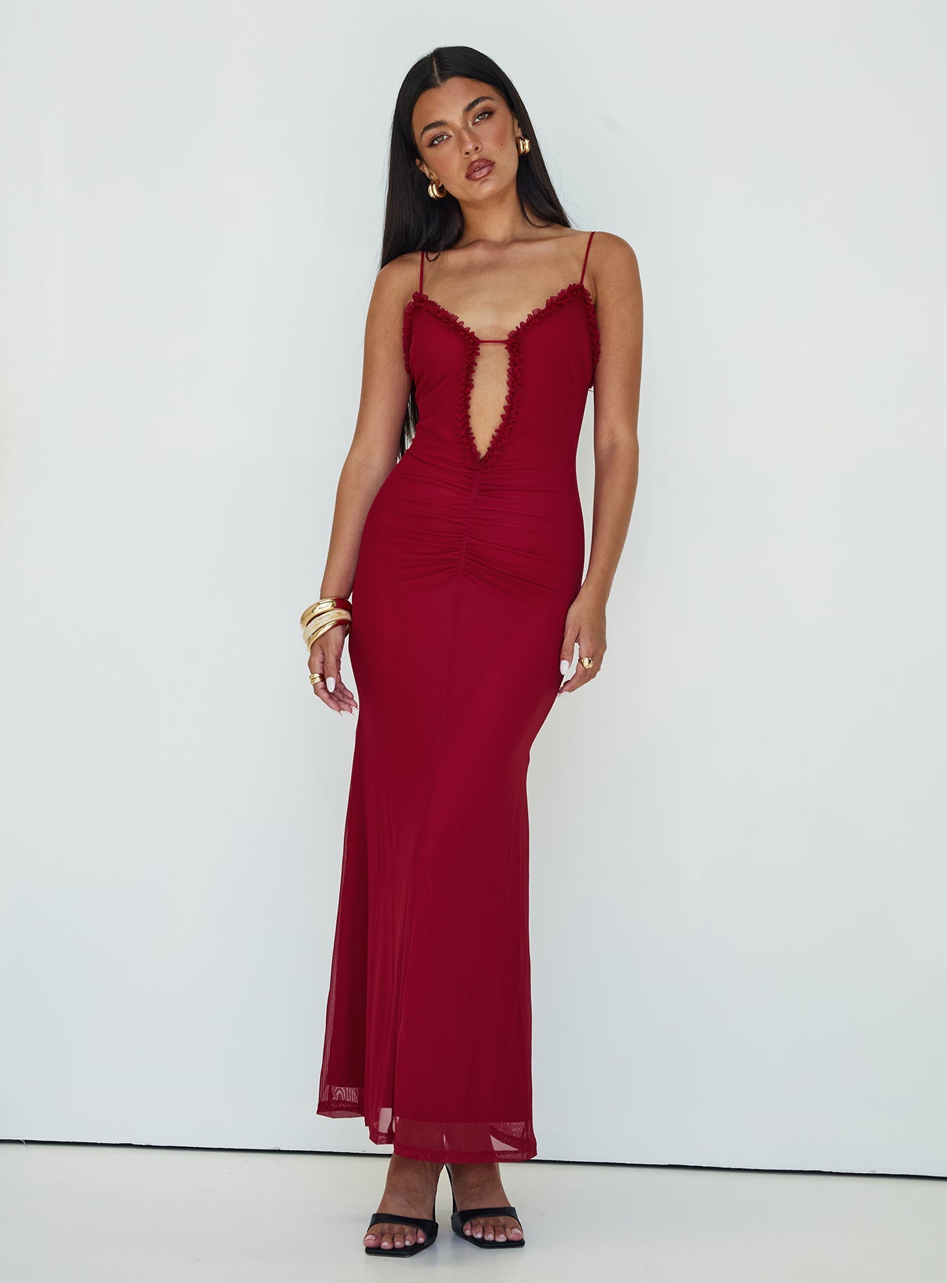 front view of model wearing Princess Polly Capisce Maxi Dress Red Plunger 