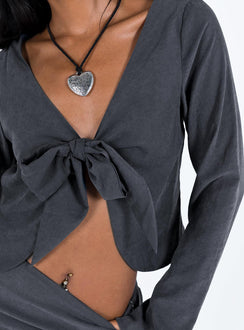 Grey matching set Soft brushed material Long sleeve top Open front Tie fastening  Mini skirt Invisible zip fastening at side