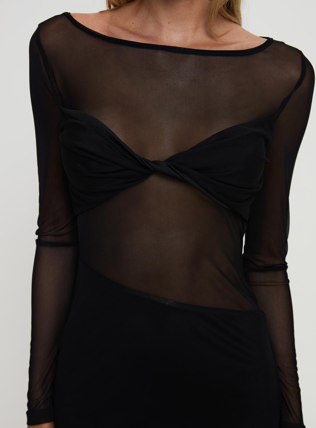 back view of model wearing Princess Polly Insatiable Long Sleeve Mesh Mini Dress Black Boat Neck 