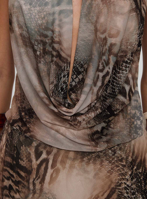 side view of model wearing Princess Polly Bossa Nova Halter Mini Dress Snake Cowl Neck 