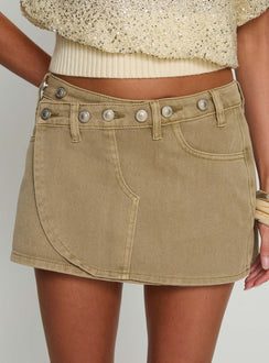 back view of model wearing Princess Polly Katlynne Button Detail Mini Skirt Washed Beige Mini Skirts 