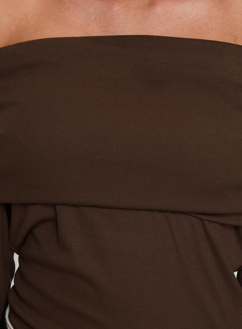 product Princess Polly Spoilt Off The Shoulder Bodysuit Brown Long Sleeve Tops Bodysuit 