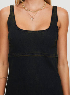 back view of model wearing Princess Polly Rautha Denim Mini Dress Black Square Neck 