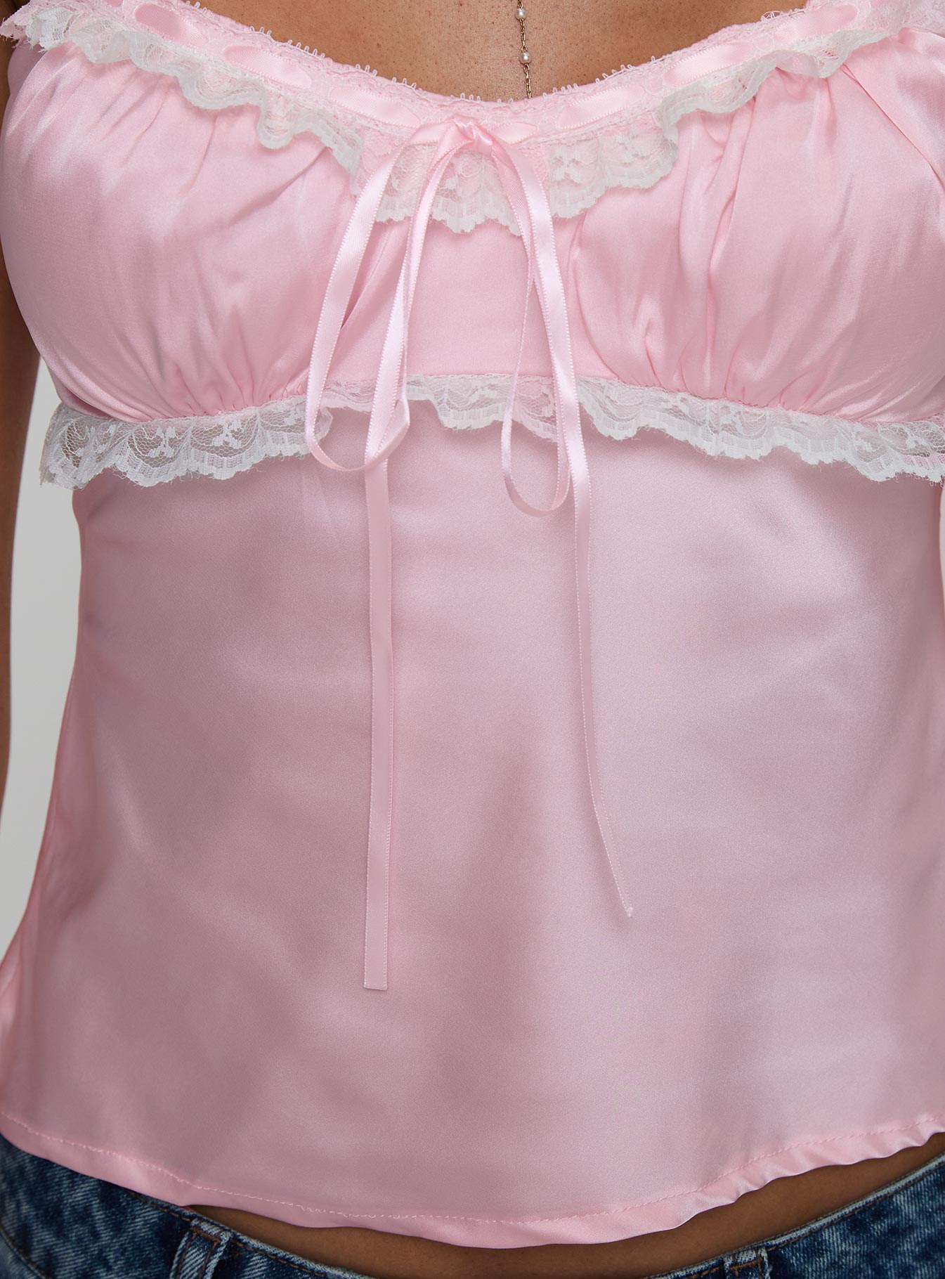 Zerah Lace Trim Satin Top Pink