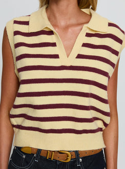 Yuliya Collared Sleeveless Top Lemon / Burgundy Stripe