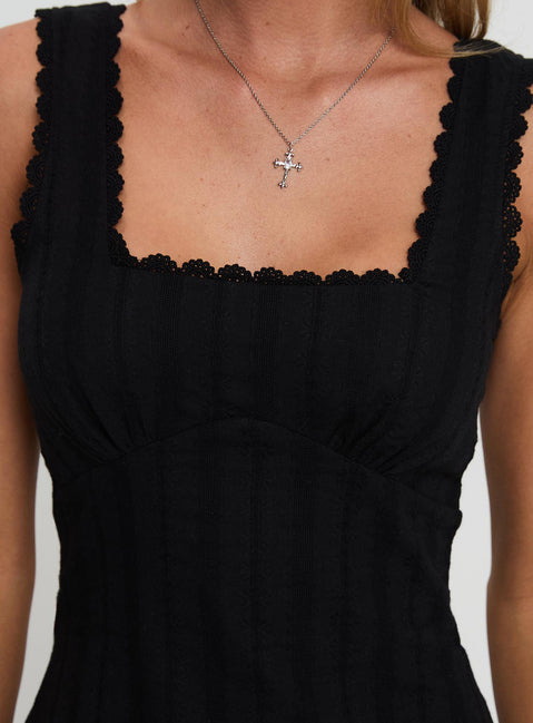 back view of model wearing Princess Polly Dasha Mini Dress Black Petite Square Neck 