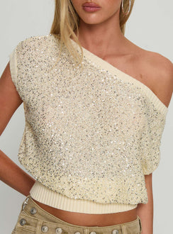 Marysa Sequin Knit Blouson Top Cream