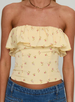 Ursella Strapless Frill Detail Top Yellow Floral