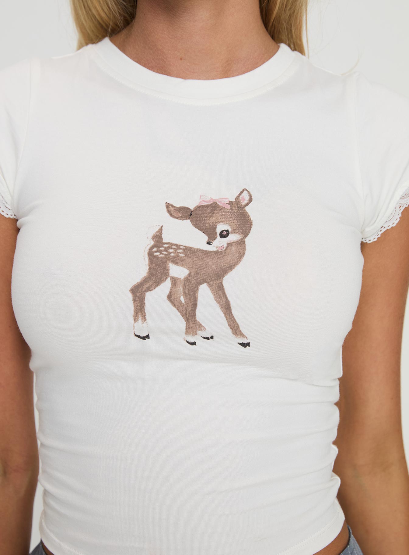 back view of model wearing Princess Polly Izzy Top Off White Short Sleeves Crew Neck 