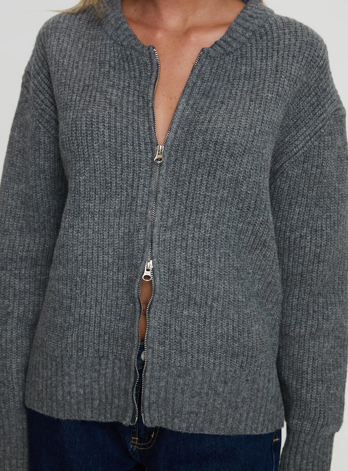 back view of model wearing Princess Polly Lexene Zip Through Jumper Grey Longline Jumpers Jumpers 