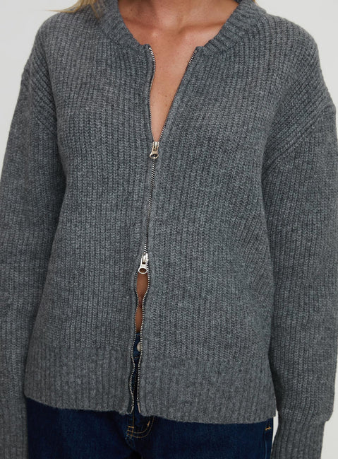 back view of model wearing Princess Polly Lexene Zip Through Jumper Grey Longline Jumpers Jumpers 