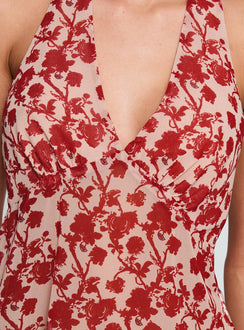 product Princess Polly Two Ghosts Low Back Halter Top Red Floral Sleeveless V-Neck 