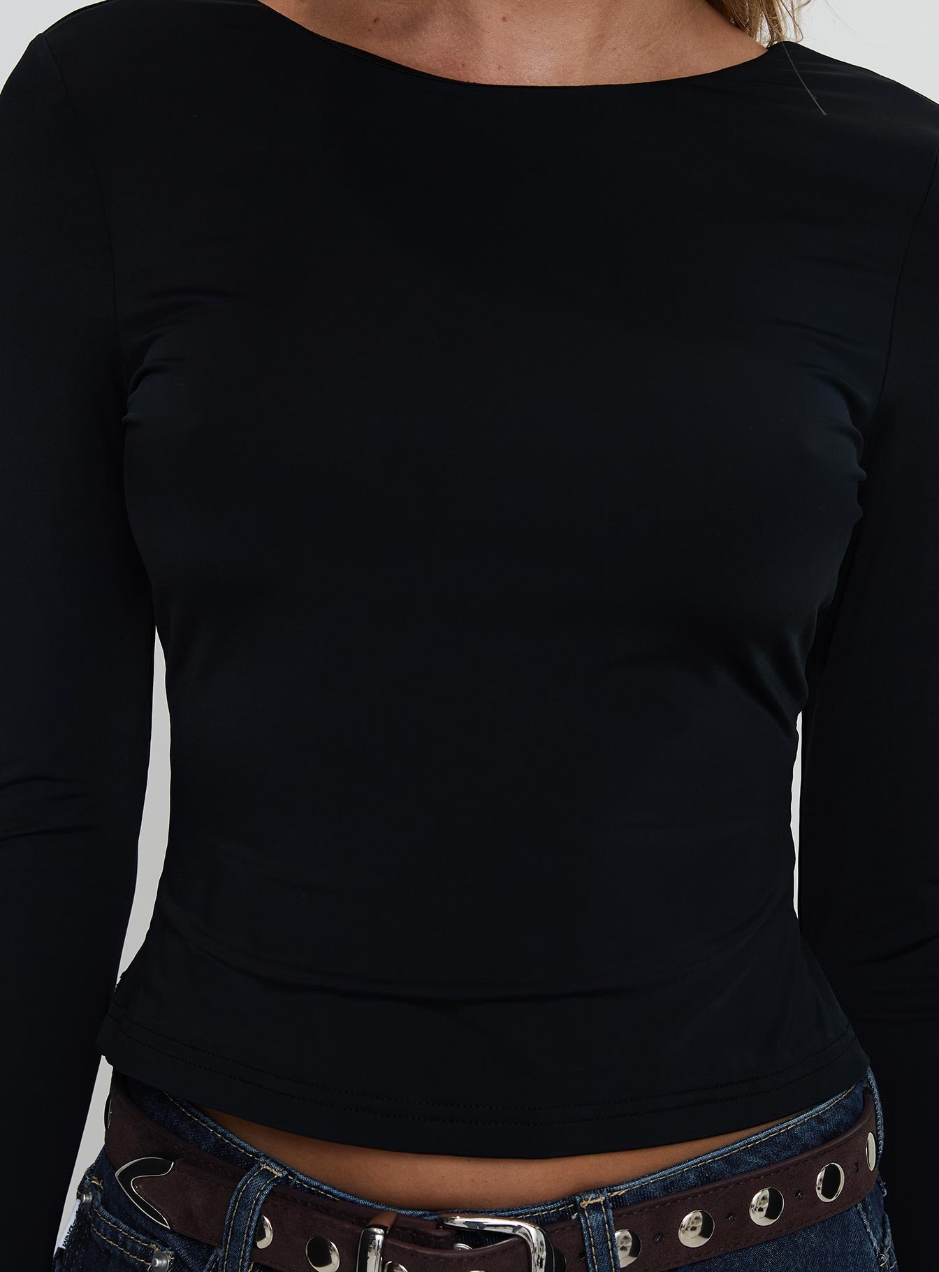 back view of model wearing Princess Polly Harpur Long Sleeve Backless Top Black Full Sleeves Crew Neck 