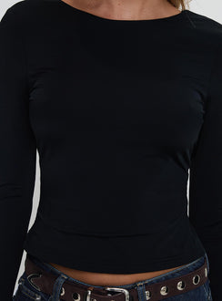 back view of model wearing Princess Polly Harpur Long Sleeve Backless Top Black Full Sleeves Crew Neck 