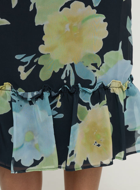 Tarla Midi Skirt Crystal Black Flower