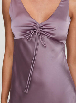 back view of model wearing Princess Polly Kosettina Mini Dress Mauve V-Neck 