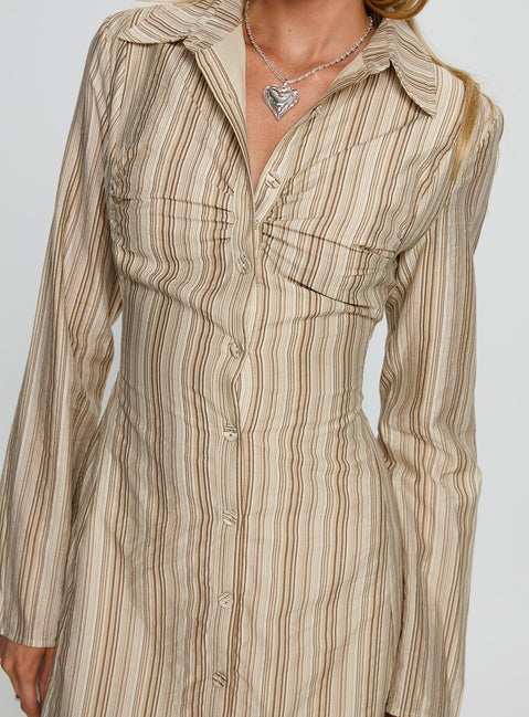 In Your Arms Long Sleeve Tie Back Mini Dress Brown Stripe