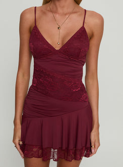 Love Is Alive Lace Mini Dress Burgundy