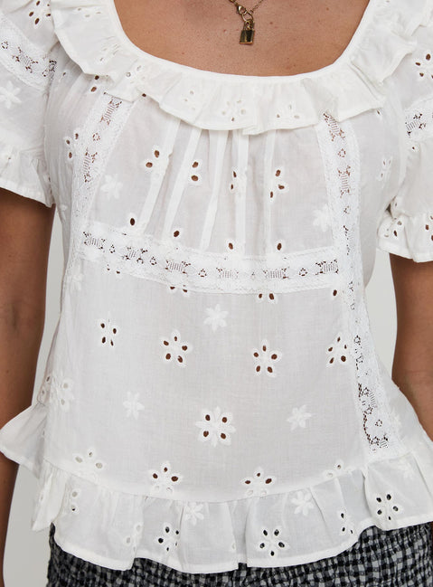 back view of model wearing Princess Polly Teigen Broiderie Top White Short Sleeves Square Neck 