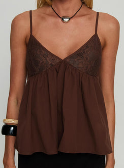 Janeesa Frill Lace Detail Cami Top Brown