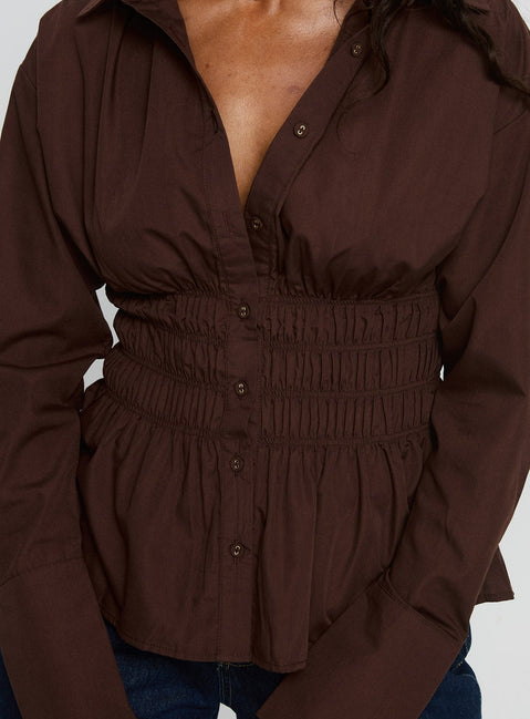 As You Are Shirred Button Up Top Chocolate