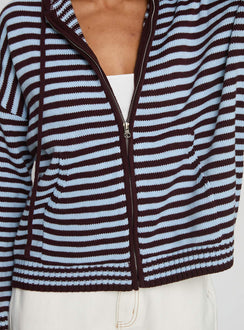 front view of model wearing Princess Polly Brienna Zip Jacket Burgundy / Blue Stripe 