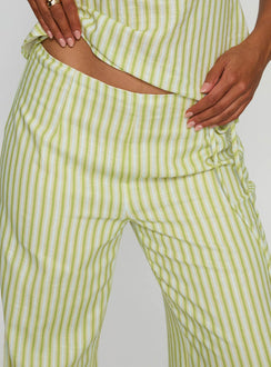 front view of model wearing Princess Polly With Pleasure Tie Side Pant Green / Blue Stripe Mid Rise Pants 