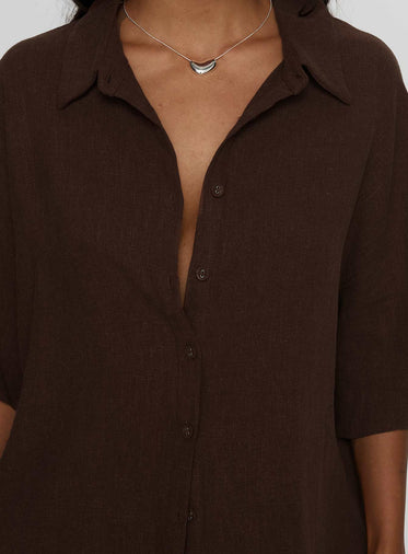 Peni Linen Button Down Top Chocolate