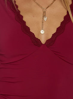 Phoebella Lace Trim V Neck Top Burgundy
