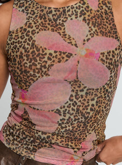 back view of model wearing Princess Polly Love Is Free Top Leopard Floral Sleeveless Crew Neck 