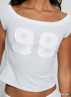 back view of model wearing Princess Polly 98 Baby Off the Shoulder Top Grey Marle Short Sleeves Boat Neck 