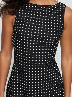 front view of model wearing Princess Polly Voyager Linen Blend Midi Dress Black Polka Crew Neck 