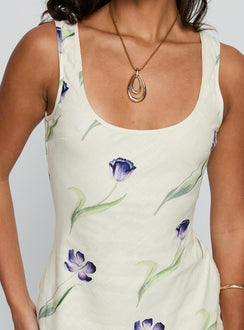 back view of model wearing Princess Polly Jessabelle Linen Blend Midi Dress Cream Floral Scoop Neck 