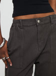 Straight leg cargo pants Belt looped waist, elasticated waistband at back, zip & button fastening, six pocket design Non-stretch, unlined 