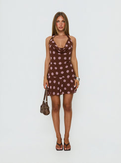 Karolie Halter Plunge Mini Dress Brown / Lilac Polka Dot