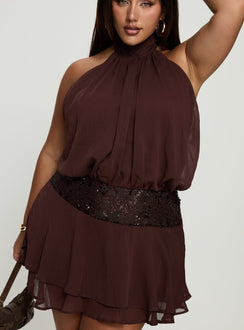 Zenayda Drop Waist Sequin Mini Dress Brown Curve