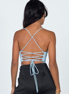 back view of model wearing Princess Polly Karlah Bodysuit Blue Sleeveless Square Neck 