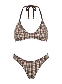 Athia Halter Bikini Top Brown Check