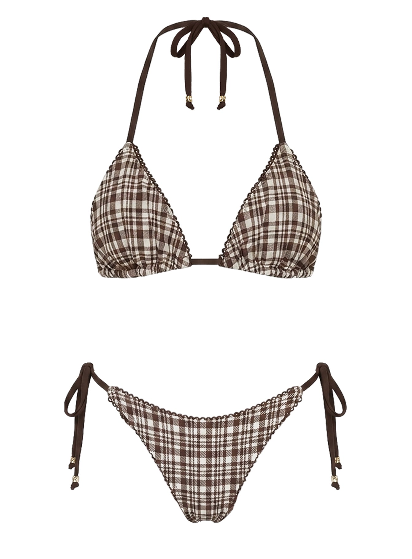 Nevaeh Triangle Ribbed Bikini Top Brown Check