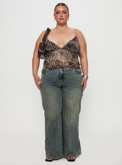 front view of model wearing Princess Polly Fast Times Top Leopard Curve Sleeveless Plunger 