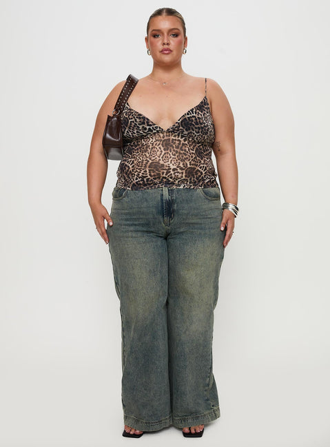 front view of model wearing Princess Polly Fast Times Top Leopard Curve Sleeveless Plunger 