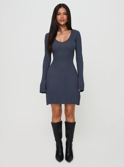 front view of model wearing Princess Polly Liberte Ribbed Long Sleeve Mini Dress Charcoal V-Neck 