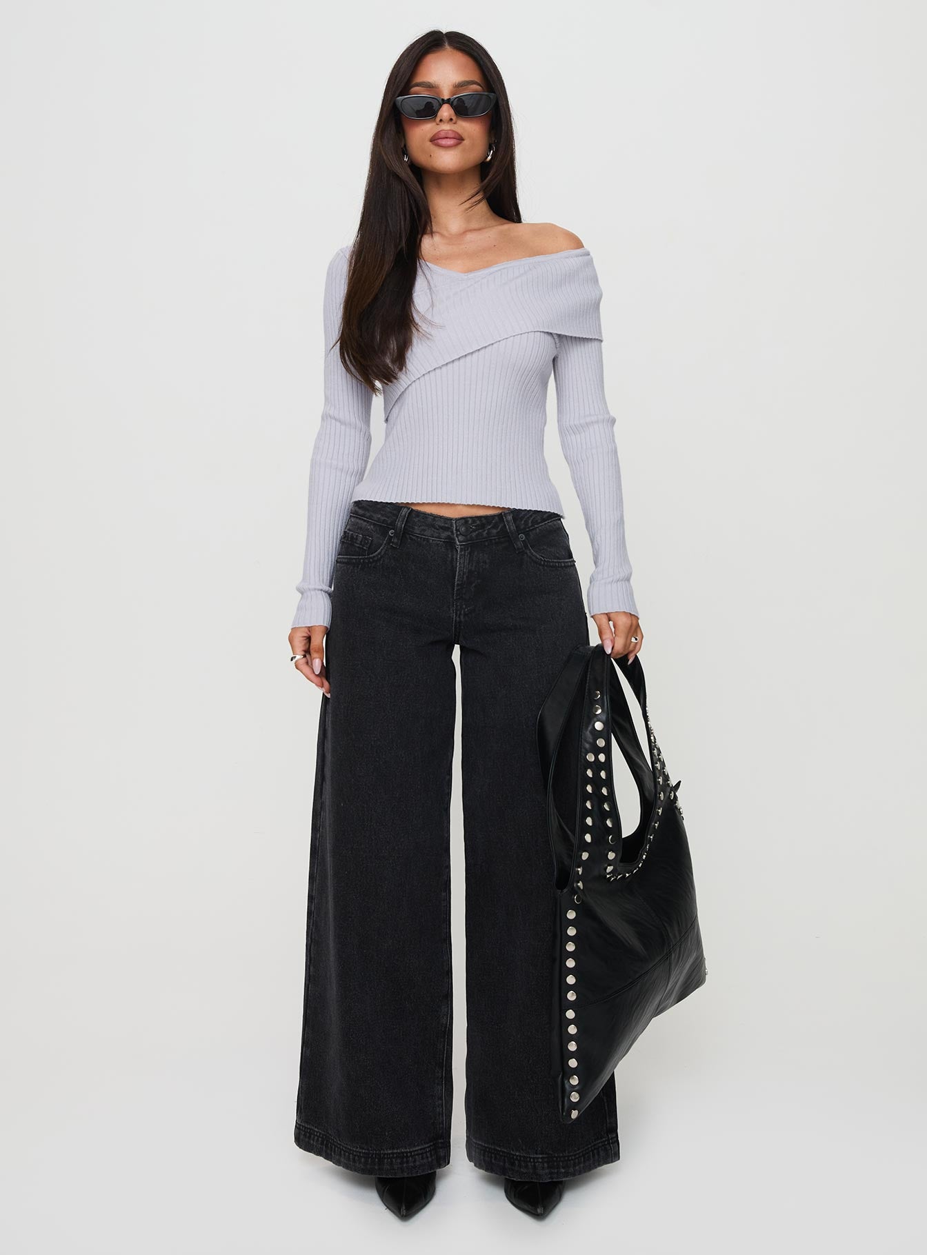 front view of model wearing Princess Polly Ribbon Stamp Wide Leg Jeans Washed Black Low Rise Jeans 