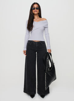 front view of model wearing Princess Polly Ribbon Stamp Wide Leg Jeans Washed Black Low Rise Jeans 