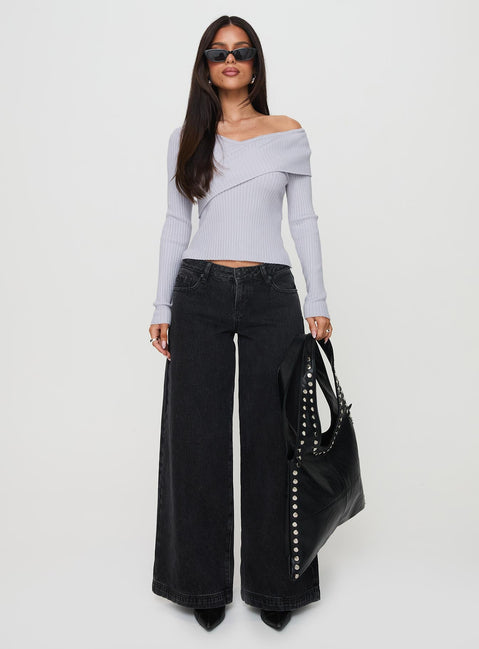 front view of model wearing Princess Polly Ribbon Stamp Wide Leg Jeans Washed Black Low Rise Jeans 