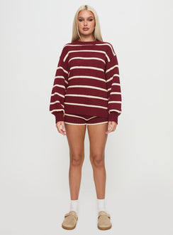 front view of model wearing Princess Polly Read Your Mind Knit Short Maroon Stripe Low Rise Shorts 
