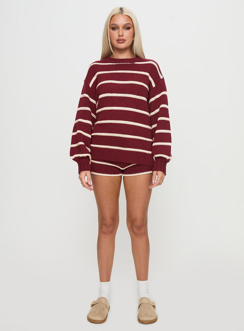 front view of model wearing Princess Polly Read Your Mind Knit Short Maroon Stripe Low Rise Shorts 
